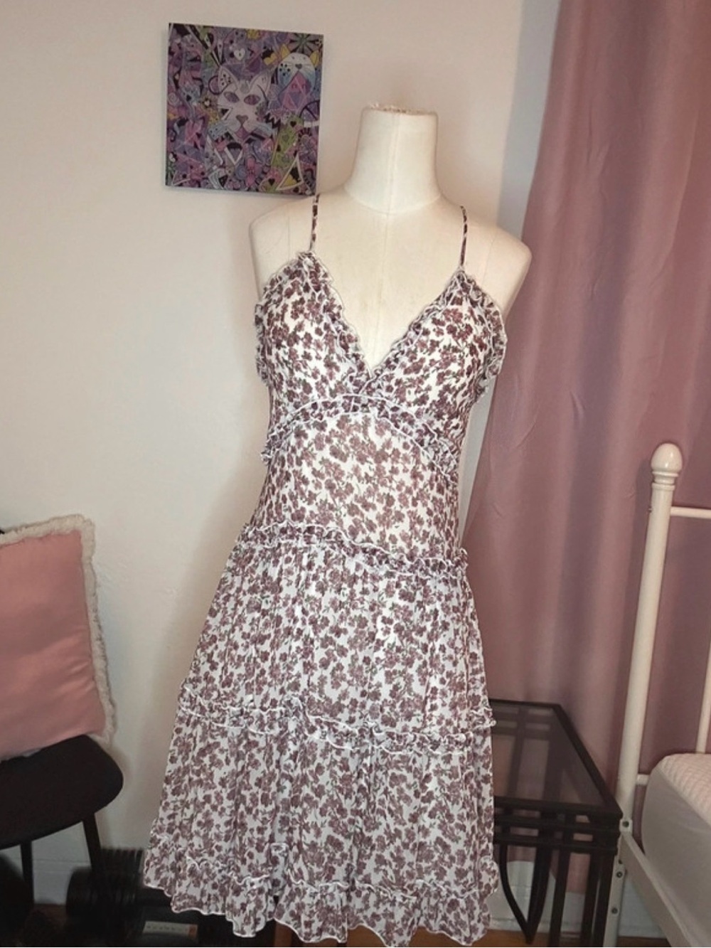 Floral Spaghetti-Strap Tiered Midi Dress - White/Brown